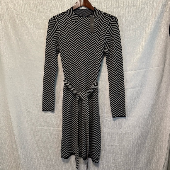 TAHARI GRAY/BLACK Striped PONTE KNIT Belted Sheath Dress High Neck Sweater S NWT - Picture 1 of 16
